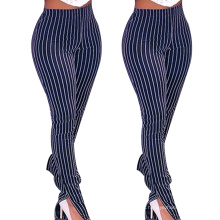 New Striped Design Women Sexy Trouser Casual Cotton Split Flare Pants